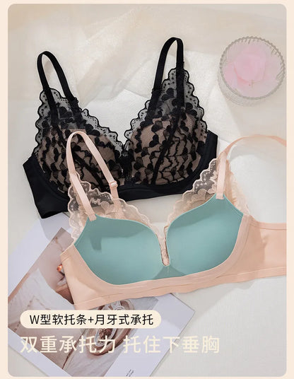 French Sexy Lace Bra and Panty Set for Women, Push Up Wireless Bralette, Comfortable & Breathable Small Chest, Bestseller MOYISU