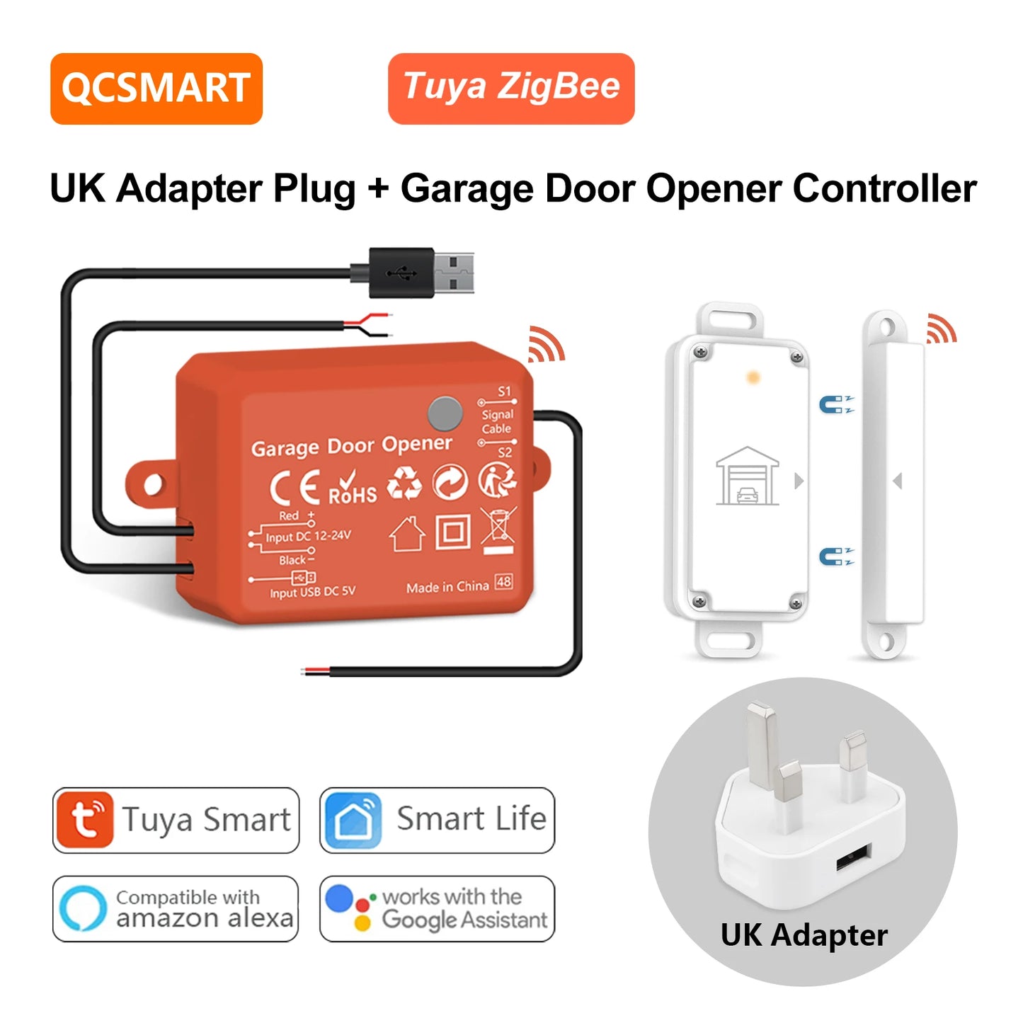 QCSMART ZigBee Garage Door Wireless Waterproof Sensor Opener Controller Control Smart Life Works with Google Assistant Alexa