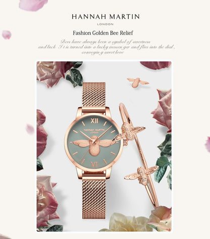 Hannah Martin 2023 New Women Luxury Watch Rose Gold 31mm Classic Casual Girl Dress Watch Bracelet Set 3D Engraved Bee Dial Clock