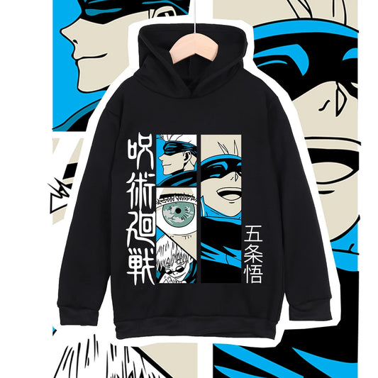 Childrens Cartoon Tshirt Jujutsu Kaisen Satoru Gojo Hooded Sweatshirt Cotton Comfortable for Boys Girls Cosplay Costume