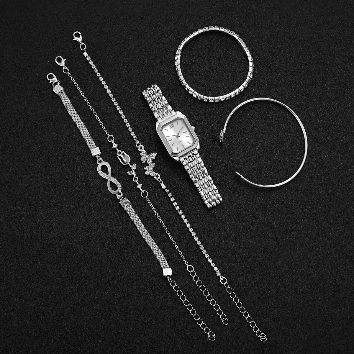 6PCS Fashion Rectangle Women Quartz Watch Bracelets Set Ladies Roma Dial Silvery Band Wristwatch Reloj Mujer(Without Box)