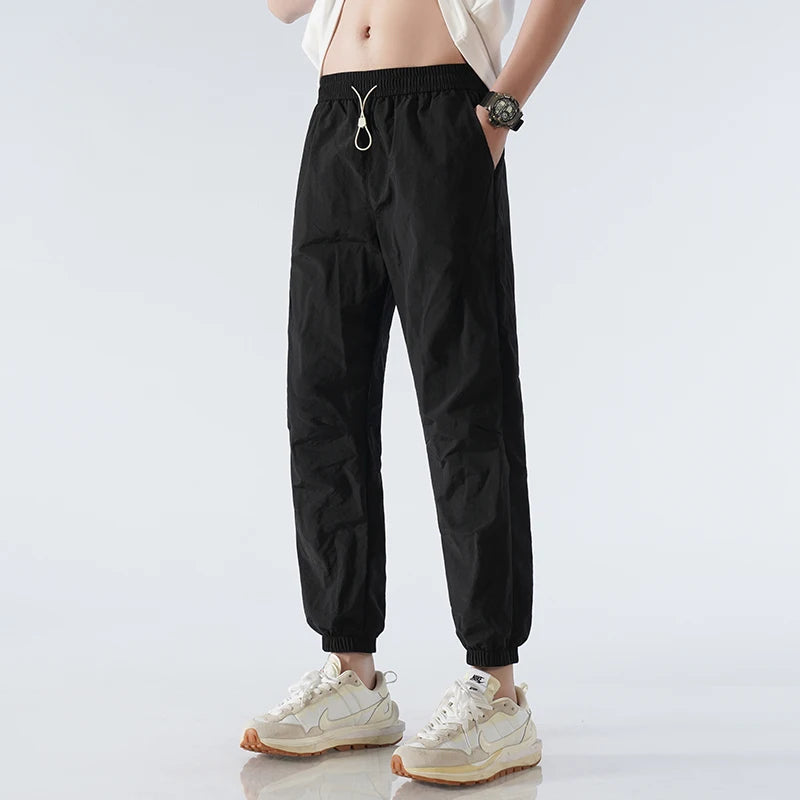 Men's Ice Silk Joggers Pants Fashion Jogger Pants Loose Straight Wide Leg Trousers Vintage Cargo Pants Man Solid Streetwear Men