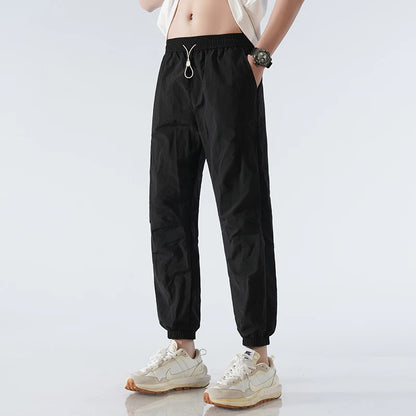 Men's Ice Silk Joggers Pants Fashion Jogger Pants Loose Straight Wide Leg Trousers Vintage Cargo Pants Man Solid Streetwear Men