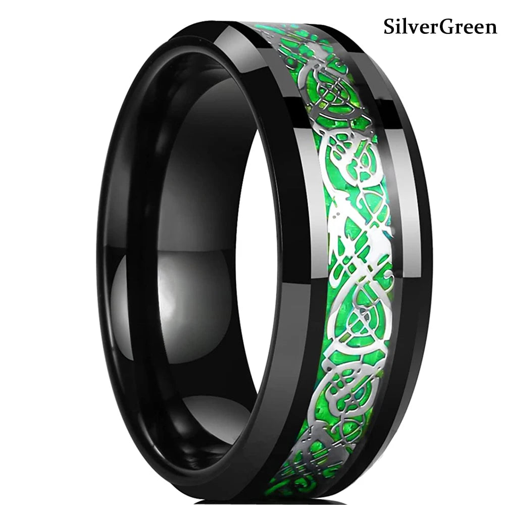 30 Colors Fashion 8MM Men Stainless Steel Celtic Dragon Rings Inlay Carbon Fiber Rings For Men Women Wedding Party Jewelry Gifts
