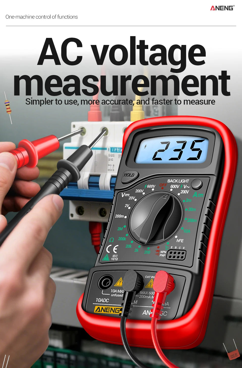 Digital Multimeter Professional ANENG AN8205C AC/DC Voltage Meter DC Current Resistance Diode -40℃~1000℃ LCD Backlight Tester