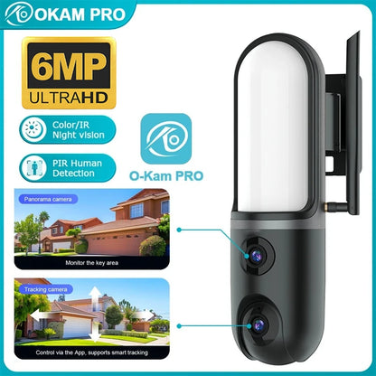 Kamera uliczna OKAM PRO 2w1, HD 6MP, Wi-Fi, CCTV, dwuobiektywowa kamera zewnętrzna, wodoodporna, śledzenie ruchu, noktowizor, PTZ