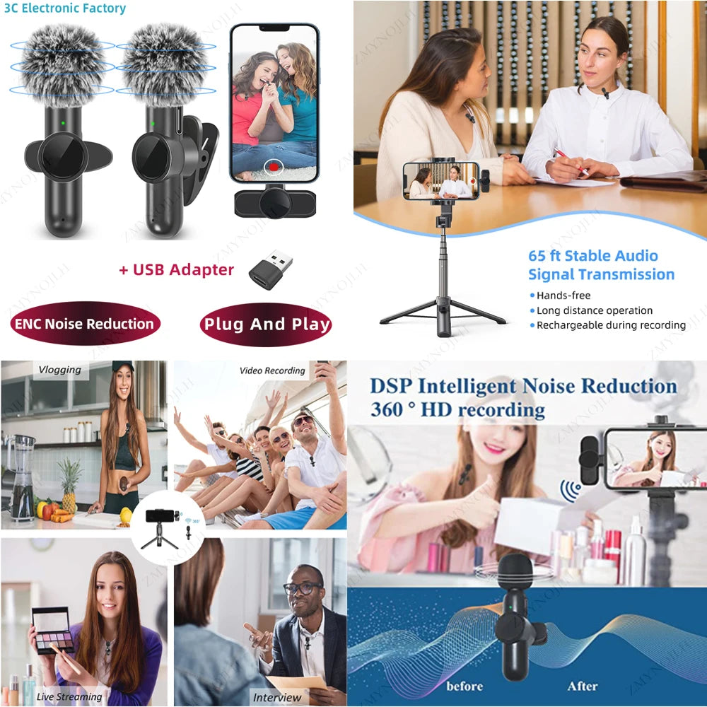 2.4G Wireless Lavalier Microphone Noise Cancelling Audio Video Recording for iPhone/iPad/Android/Xiaomi/Samsung Live Game Mic