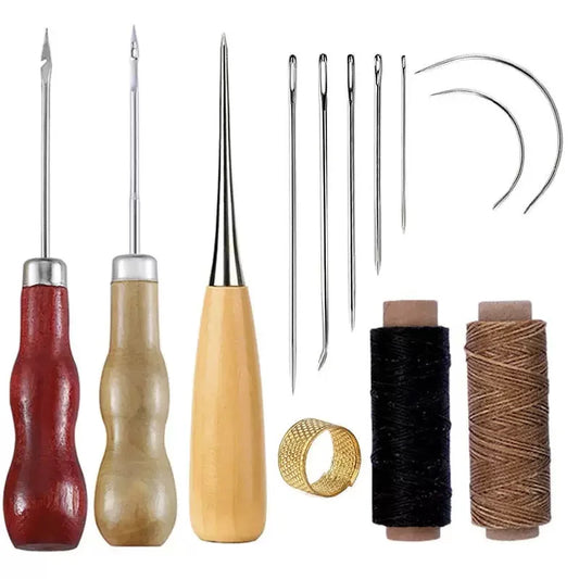 13 Pcs Leather Sewing Set Handbag Shoe Handmade Sewing Repair Kit with Awl Waxed Thread Stitching Needles Thimble for Home Leat
