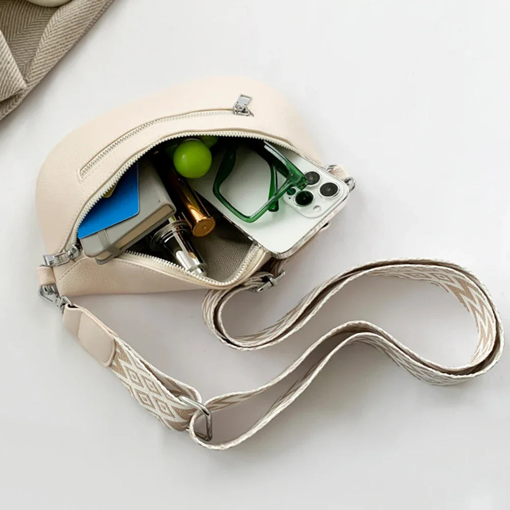 2024 Luxury Designer Women's Chest Bag PU Leather Wide Strap Shoulder Crossbody Bag Female Fashion Fanny Pack Banana Waist Bag