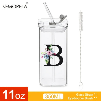 1PCS 24 Letter-Shaped Glass Tumblers with Lid And Straw Coffee Tumbler 300ML Clear Square Drinking Tumbler For Coffee Beer Milk