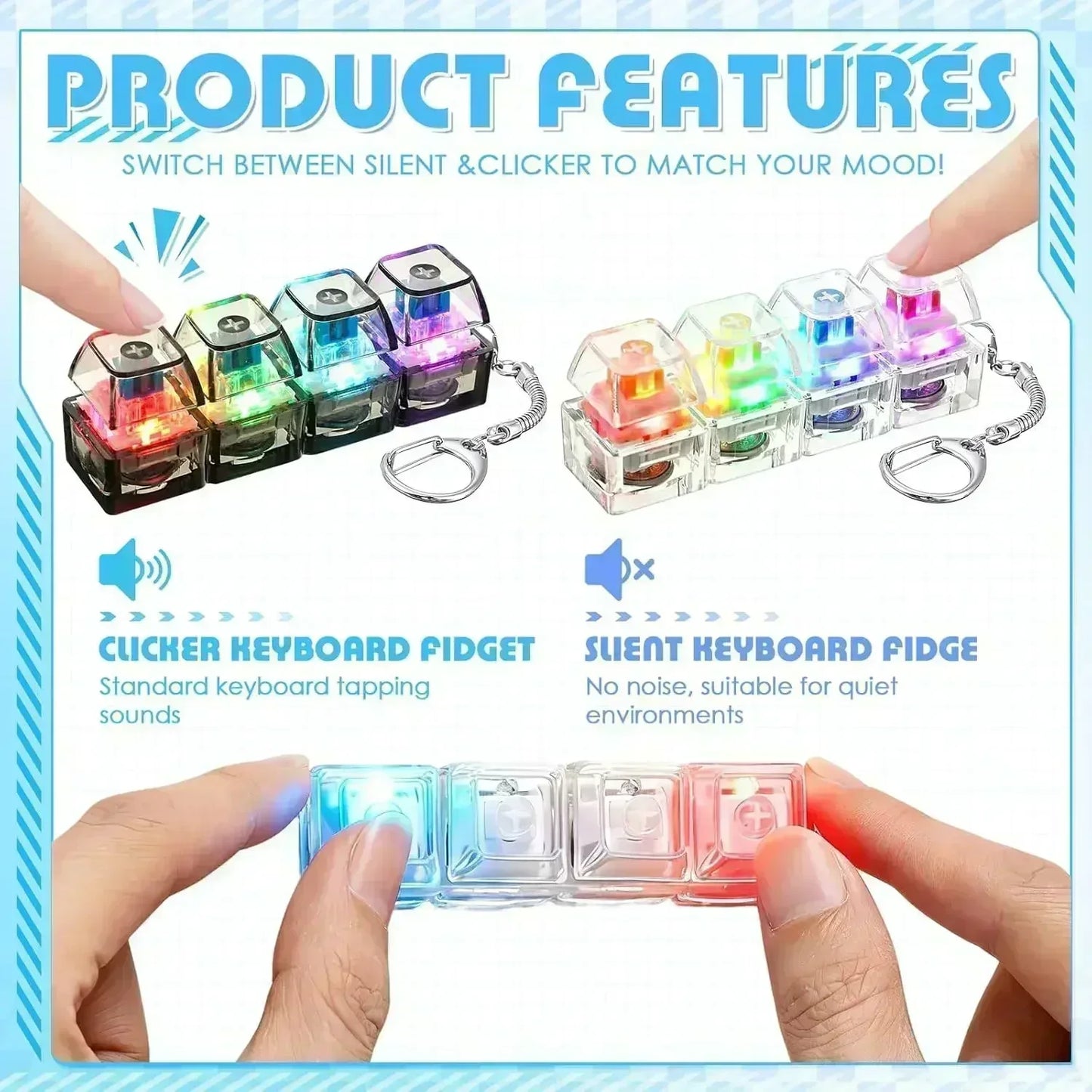 Original Multi-Style LED Light-Up Keycap Keychain Clicker Fidget Toy Stress Relief Portable Desk Accessory for Kids Adults