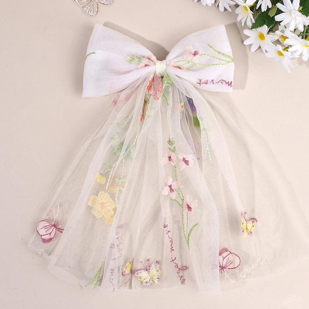 White Tulle Hair Clips For Girls Fairy Mesh Bow Large Hairpin Flower Barrette Summer Party Wedding Women Headdress Accessories