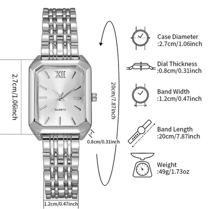 6PCS Fashion Rectangle Women Quartz Watch Bracelets Set Ladies Roma Dial Silvery Band Wristwatch Reloj Mujer(Without Box)