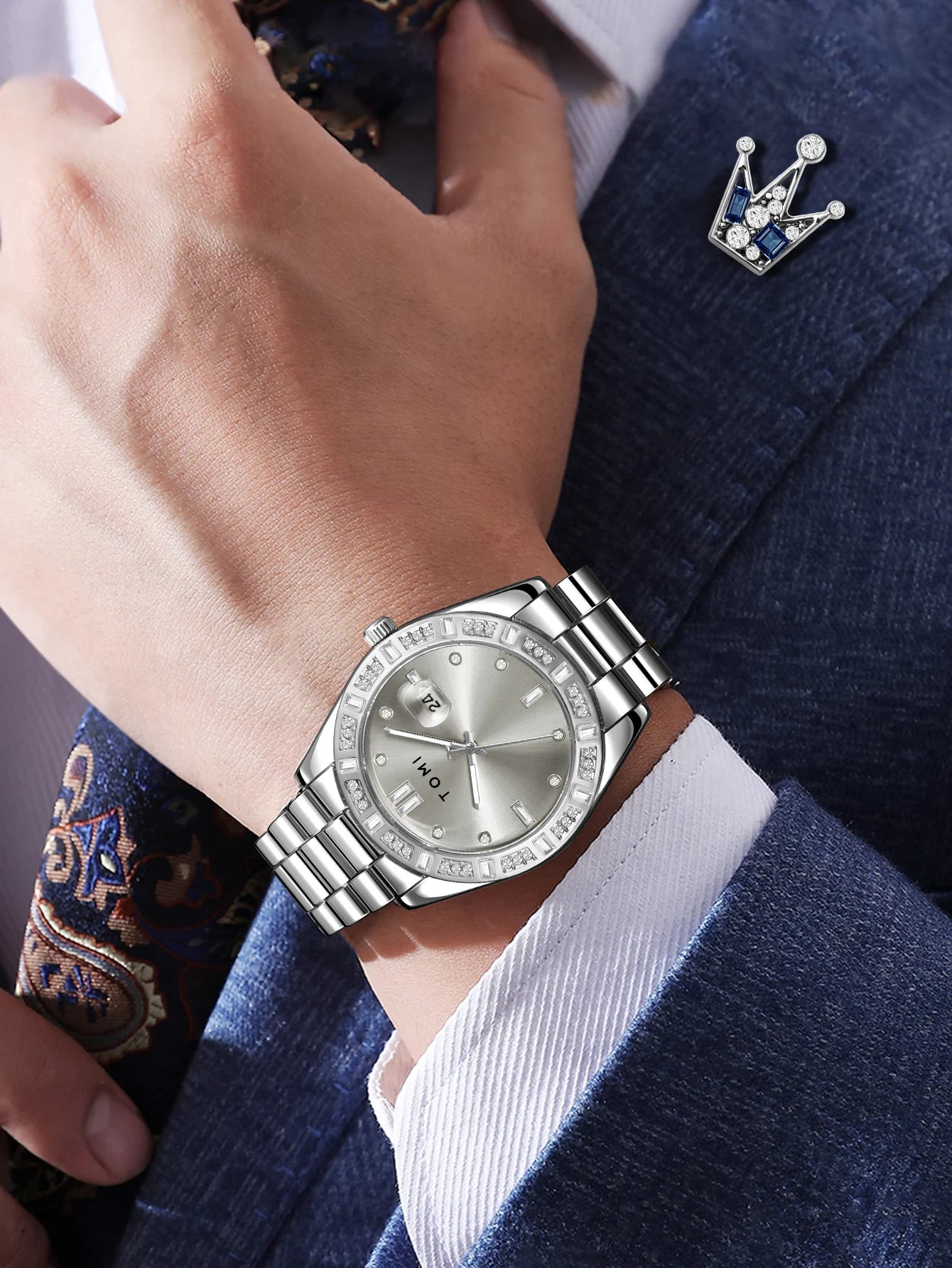 TOMI 4PCS Luxury Business Men's Watch Gift Box Set Luxury Diamond Case Calendar Stainless Steel Strap Quartz Watch Men's Clock