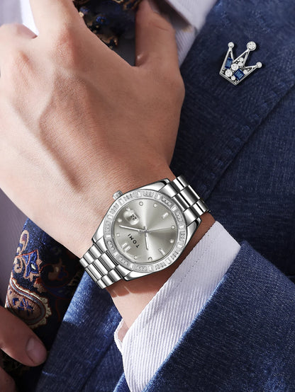 TOMI 4PCS Luxury Business Men's Watch Gift Box Set Luxury Diamond Case Calendar Stainless Steel Strap Quartz Watch Men's Clock