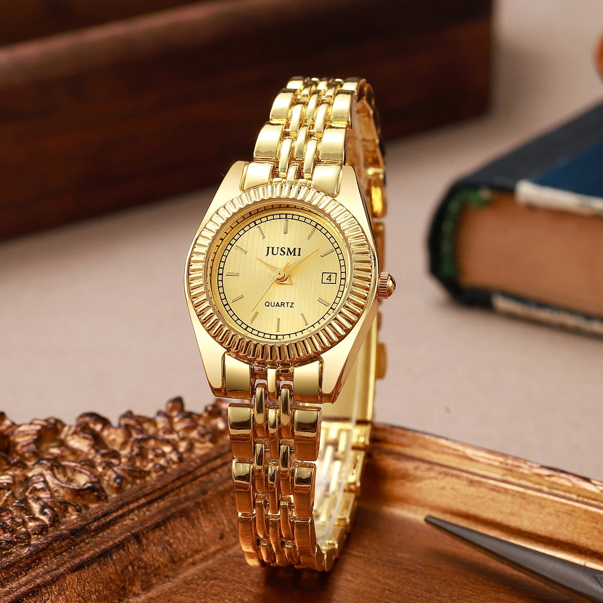 Fashionable Simple Light Luxury Round Dial Steel Band No Number Women's Quartz Watch Jewelry Set of 5, Suitable for Holiday Gift