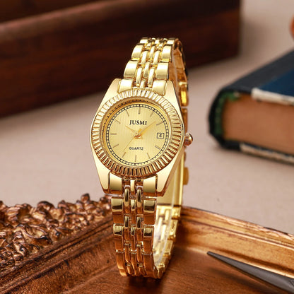 Fashionable Simple Light Luxury Round Dial Steel Band No Number Women's Quartz Watch Jewelry Set of 5, Suitable for Holiday Gift