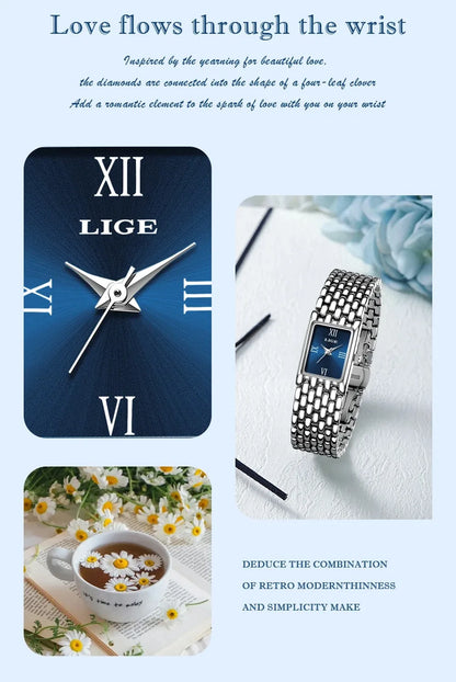 LIGE New Design Ladies Watch Fashion Quartz Wristwatch Silver Simple Square Women Watches Luxury Stainless Steel Folding Clock