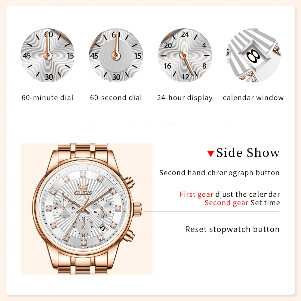 OLEVS 3669 Original Chronograph Quartz Wristwatch for Lady Calendar Waterproof Steel Strap Elegant Dress Women's Watches