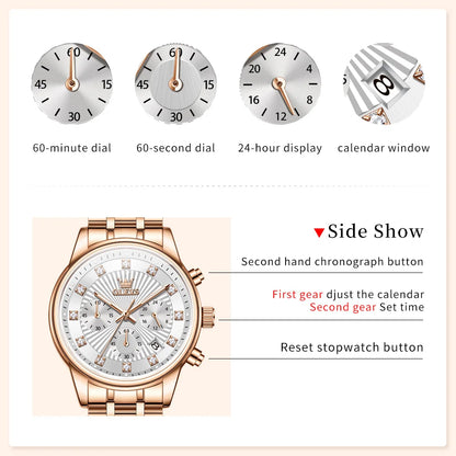 OLEVS 3669 Original Chronograph Quartz Wristwatch for Lady Calendar Waterproof Steel Strap Elegant Dress Women's Watches