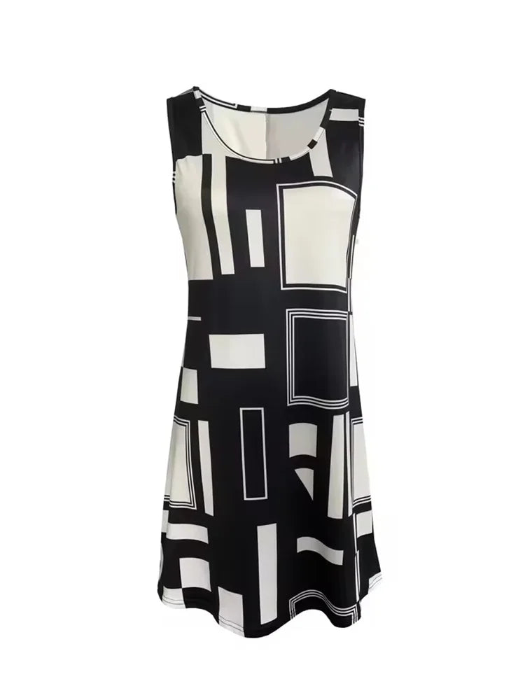 2025 New Fashion Women's Dress Casual Beach Round Neck Sleeveless Loose Dress Summer Women's Vest Striped Print Dress Sundress
