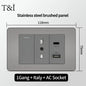 118 US Mexico Grey Stainless Steel Brushed 2way Electrical Light Switch Home Wall Socket Plug Double USB Type-C Power Outlet