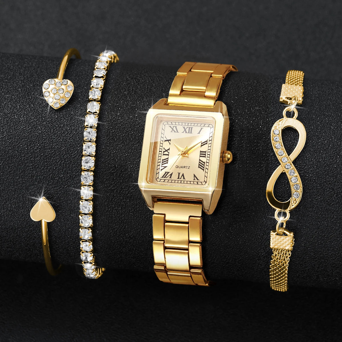 4PCS Elegant Women Square Roma Dial Quartz Watch Diamond Bracelets Set Luxury Alloy Strap Ladies Wristwatches (Without Box)
