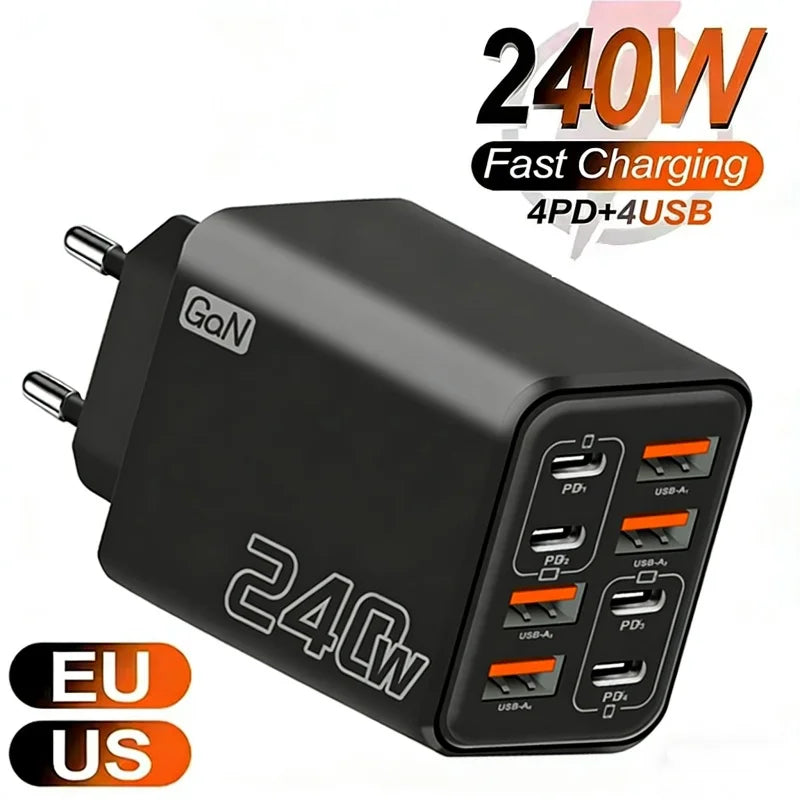 Ładowarka GaN USB C 240 W 8 w 1 Szybkie ładowanie Ładowarka do telefonu Zasilacz do iPhone'a Samsung Xiaomi Typ C Ładowarka ścienna z wtyczką EU/US