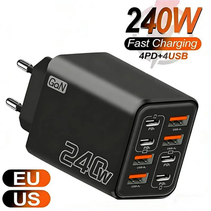 Ładowarka GaN USB C 240 W 8 w 1 Szybkie ładowanie Ładowarka do telefonu Zasilacz do iPhone'a Samsung Xiaomi Typ C Ładowarka ścienna z wtyczką EU/US