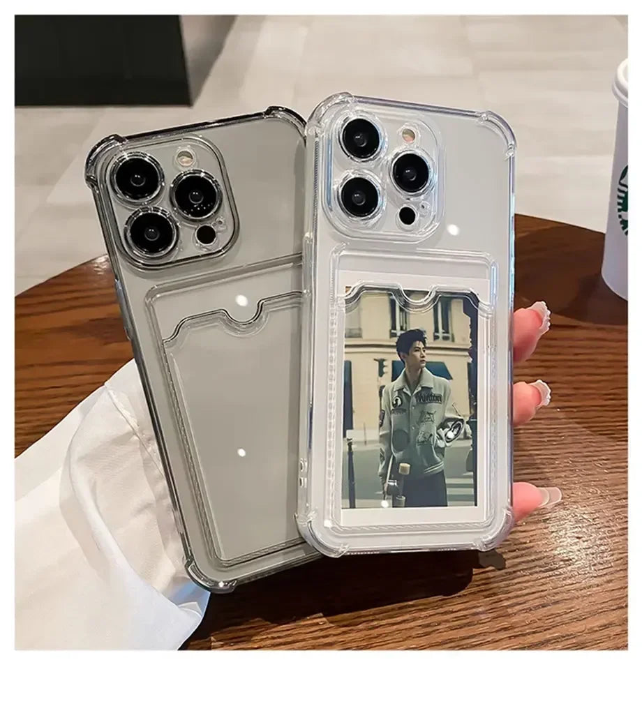 Przezroczyste Etui Portfelowe na Karty do iPhone 16 15 14 13 12 11 Pro Max Mini X XR 7 8 Plus Przezroczysta Odporna na Wstrząsy Miękka Obudowa