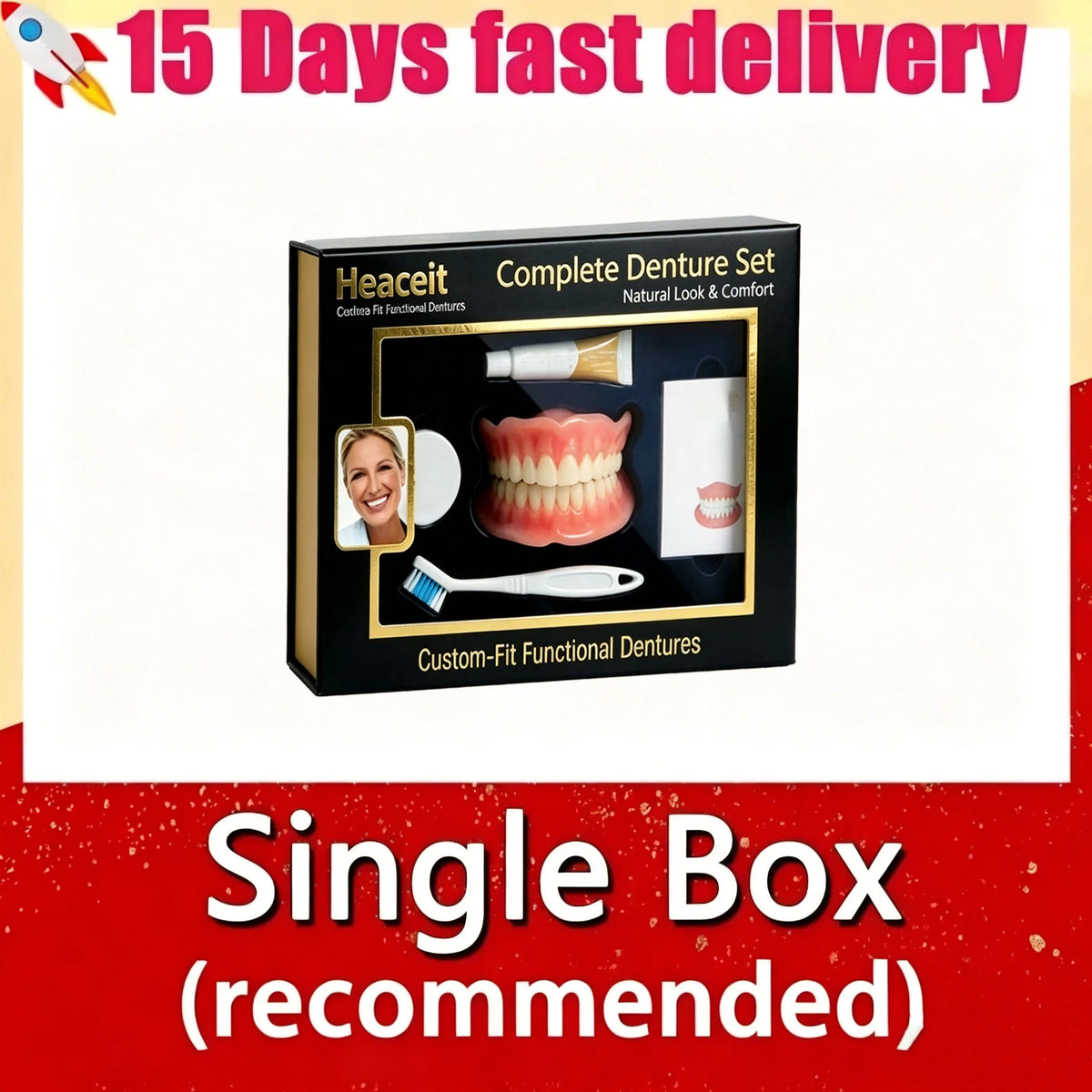 Flexible Moldable Silicone Denture Set, Upper Lower Natural Ivory False Teeth, Instant Smile with Free Toothbrush & Toothpaste