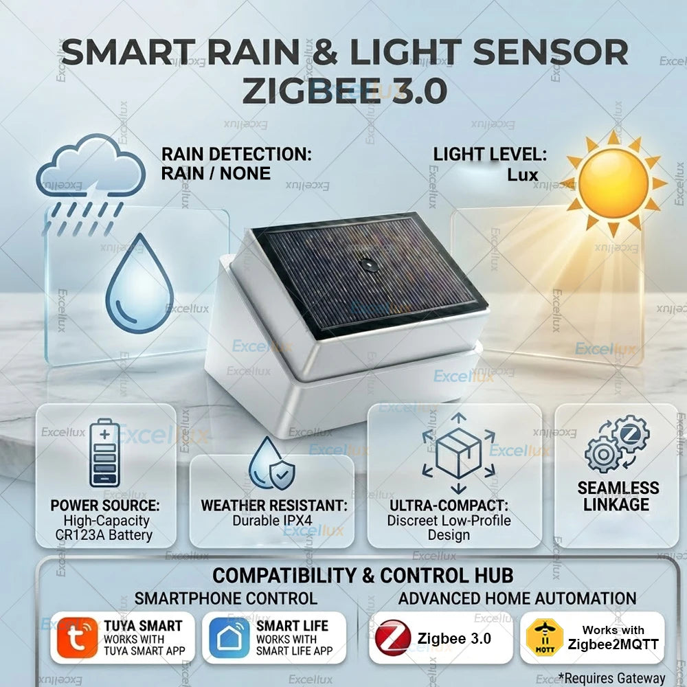 Zigbee Smart Rain Drop Sensor Outdoor RealTime Rain Water Detection With Illuminance Detector,For Tuya/Z2M,Smart Home Automation