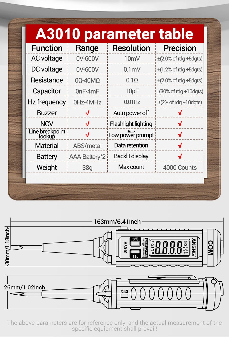ANENG A3010 Pen-Type Multimeter 4000 Counts Digital True-RMS Backlight Multi Meter Auto Range Tester LCD Electrician Tester Tool