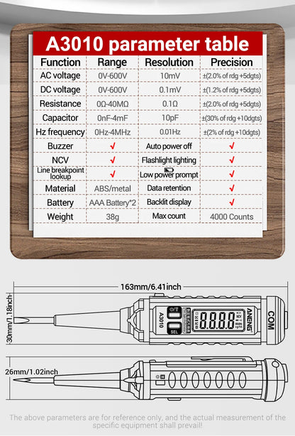 ANENG A3010 Pen-Type Multimeter 4000 Counts Digital True-RMS Backlight Multi Meter Auto Range Tester LCD Electrician Tester Tool
