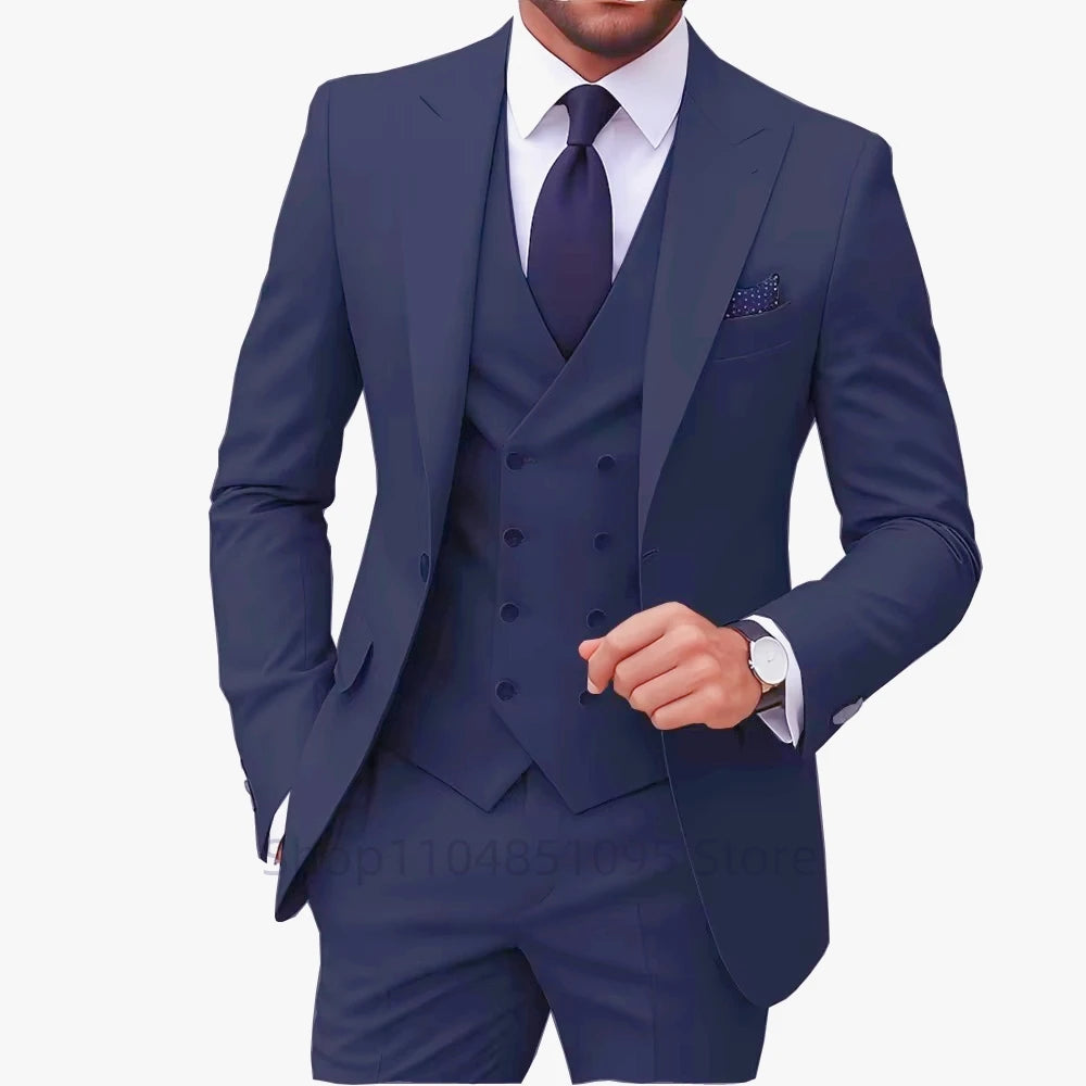 Slim Fit 3-Piece Men's Suit Set for Office Formal Business Wedding Groom Tuxedos Jacket Vest Pants Casual Male Men Clothing