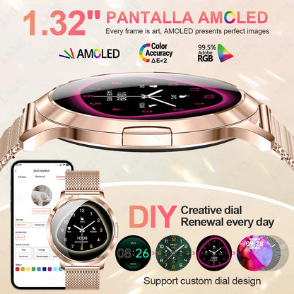 Nowy Smartwatch dla Kobiet 1.32 Cala AMOLED HD Ekran Sportowy Fitness Wodoodporny Zegarek Połączenia Bluetooth Cyfrowy Smartwatch Damski