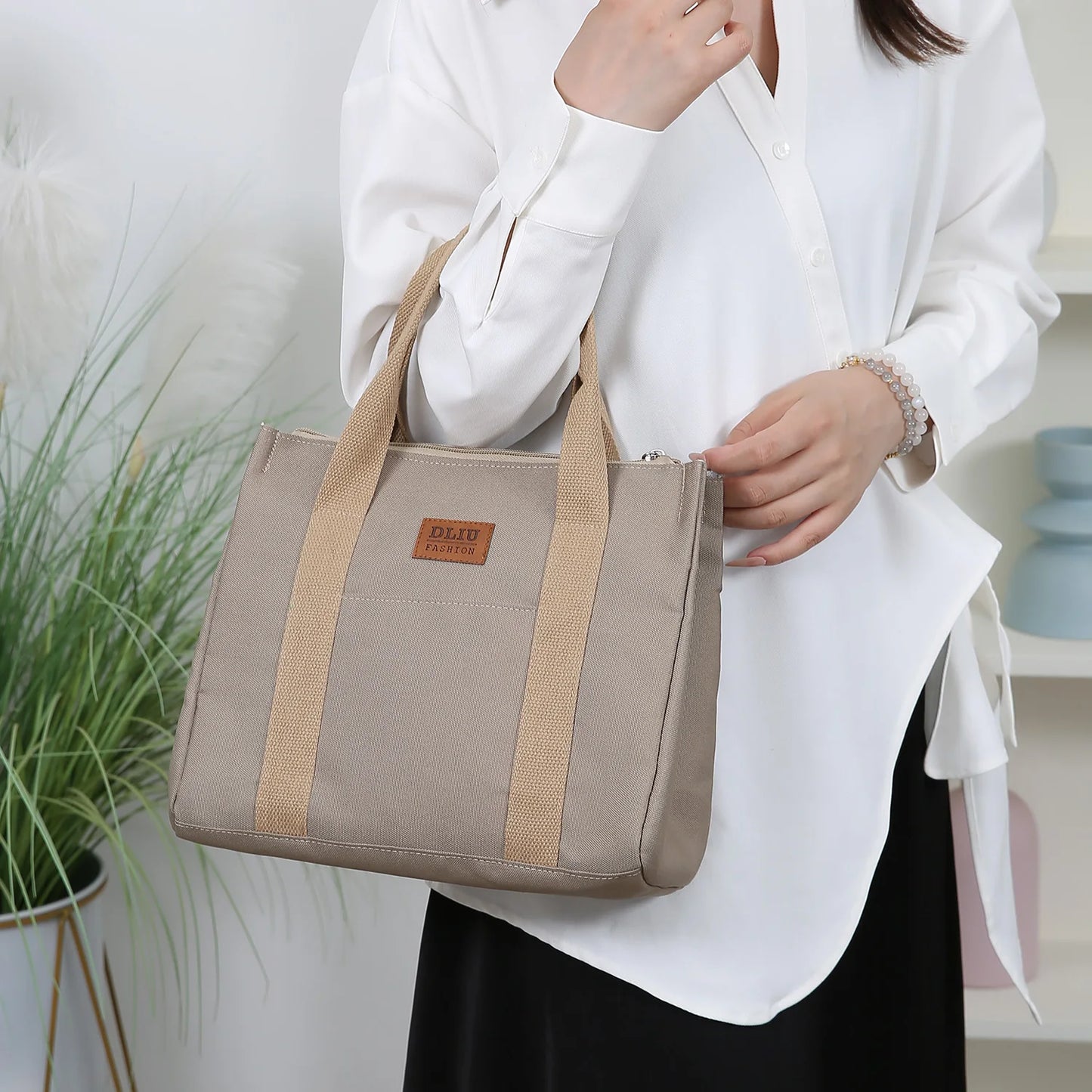 Solid Color Lunch Bag, Tote Bag with Foil Inner Zipper Closure Large Capacity Portable, Work, School, Utility Bag with Meals