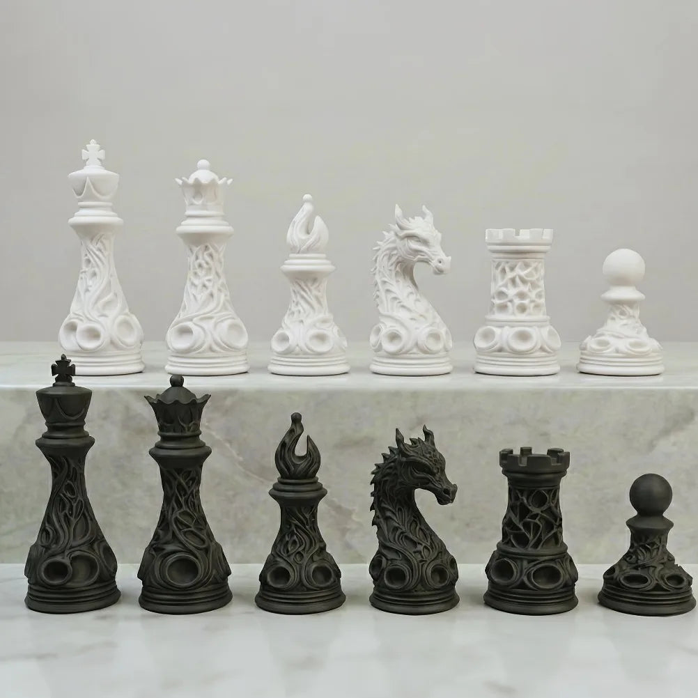 32pcs Gothic Dragon Chess Pieces Set Black White 3D Printed Hollow Design Tabletop Ornament Gift for Chess Lovers