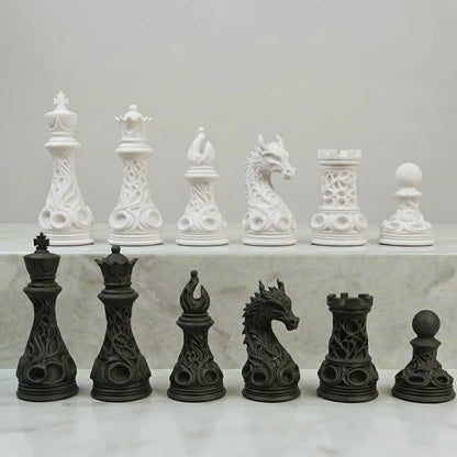 32pcs Gothic Dragon Chess Pieces Set Black White 3D Printed Hollow Design Tabletop Ornament Gift for Chess Lovers