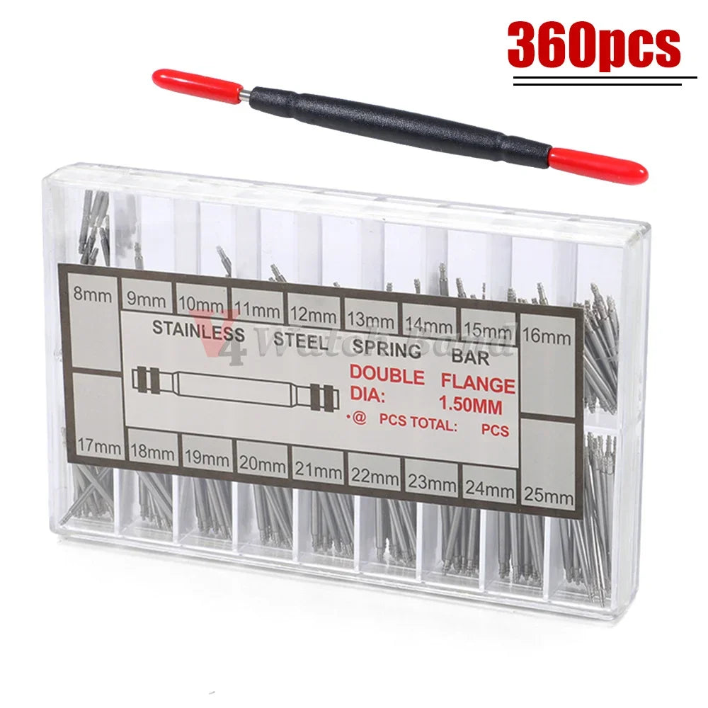 360pcs/set Metal Link Pin Watch Repair Tools Dia 1.5mm/1.8mm Strainless Steel Spring Bars Length 8mm- 25mm Watchband Strap Pin