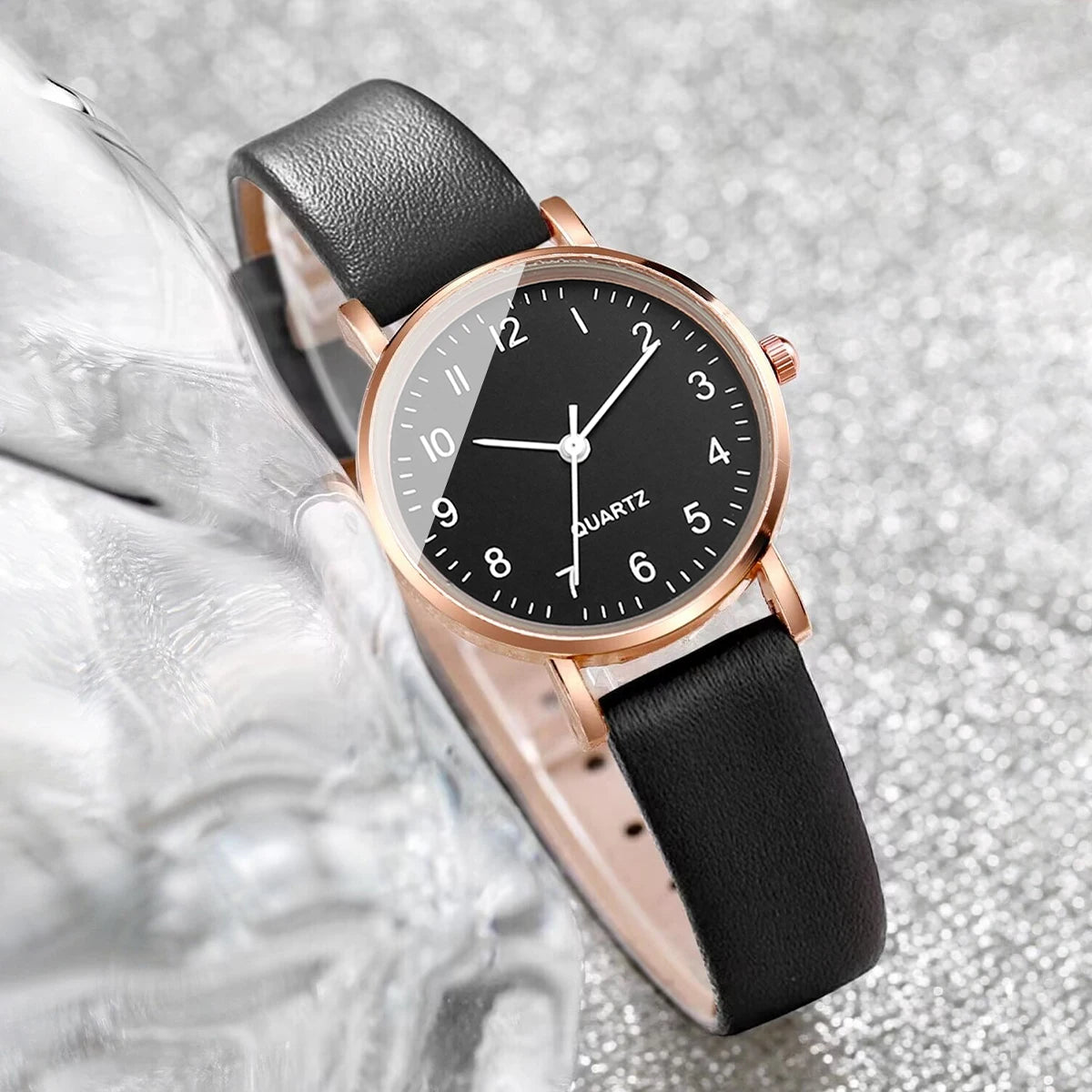 2PCS/Set Women's Watch Fashion Small Arabic Dial Quartz Watches Casual Leather Band Wristwatches Bracelet Set（Without Box）