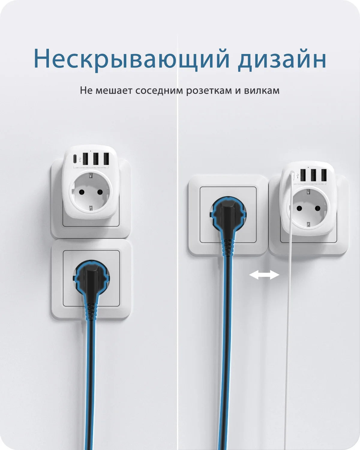 LENCENT EU Plug Power Strip with  3 AC Outlets +3 USB Charging Ports+ 1 Type C 5V 2.4A  Adapter 7-in-1 Plug Socket On/Off Switch