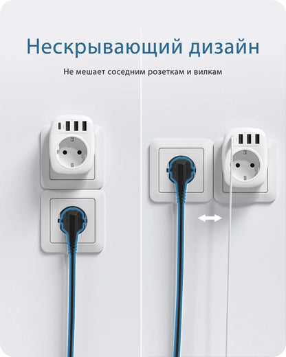 LENCENT EU Plug Power Strip with  3 AC Outlets +3 USB Charging Ports+ 1 Type C 5V 2.4A  Adapter 7-in-1 Plug Socket On/Off Switch