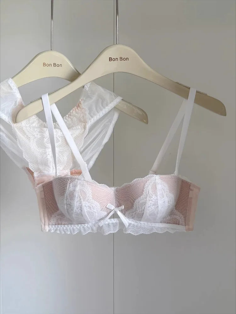 YEMOMO French Style Lace Half Cup Bra Set Wireless Push Up Boost Bust Lift Anti Sagging Elegant Comfortable Lingerie Set Ladies