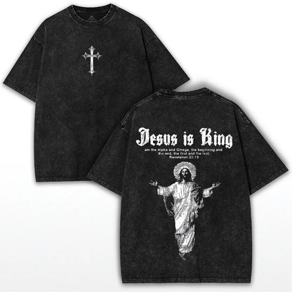 Jesus Is King T-Shirt Christian Cross Print Vintage Washed Cotton Retro Religious Graphic Tee Streetwear Unisex Top