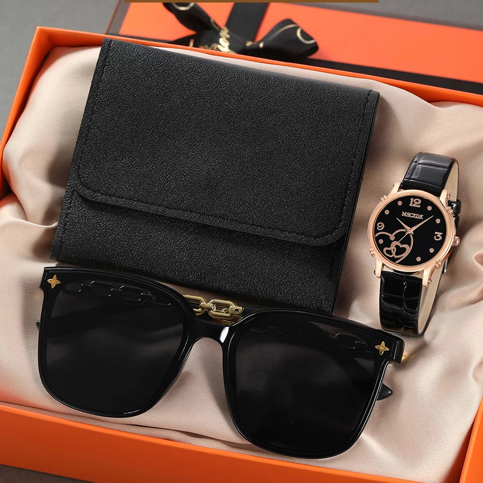 Women Fashion Leather Belt Watches & Simple Heart Wallet Glasses Sunglasses Set Ladies Quartz Wristwatches Dress Montre Femme