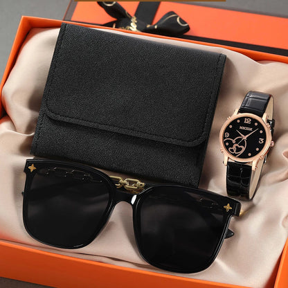 Women Fashion Leather Belt Watches & Simple Heart Wallet Glasses Sunglasses Set Ladies Quartz Wristwatches Dress Montre Femme