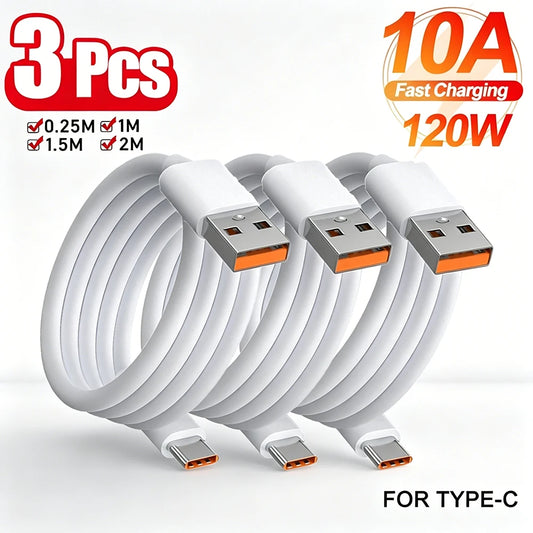 3Pcs 120W 10A Type C Cable Super Fast Charging Phone Data Cord For Huawei Mate 60 50 Honor Xiaomi Samsung PD Quick Charger Cable