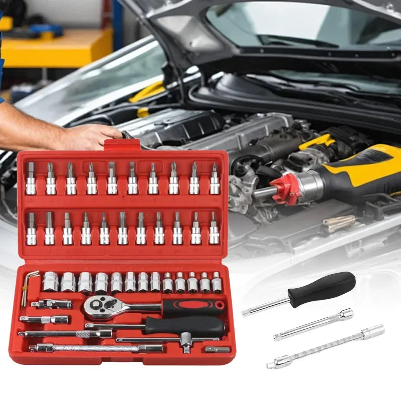 46pcs Family Tools 1/4 Inch Drive Socket Ratchet Wrench Set Complete Car Repair Kit for Motorcycle and Bicycle Maintenance Tools