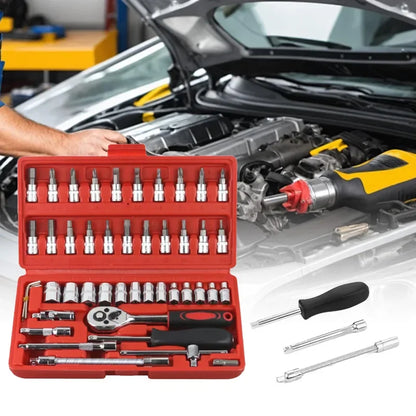 46pcs Family Tools 1/4 Inch Drive Socket Ratchet Wrench Set Complete Car Repair Kit for Motorcycle and Bicycle Maintenance Tools